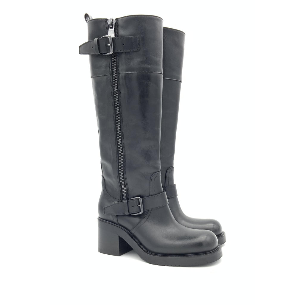 Stivale Alto in Pelle Nera con Fibbie e Zip – Pointure
