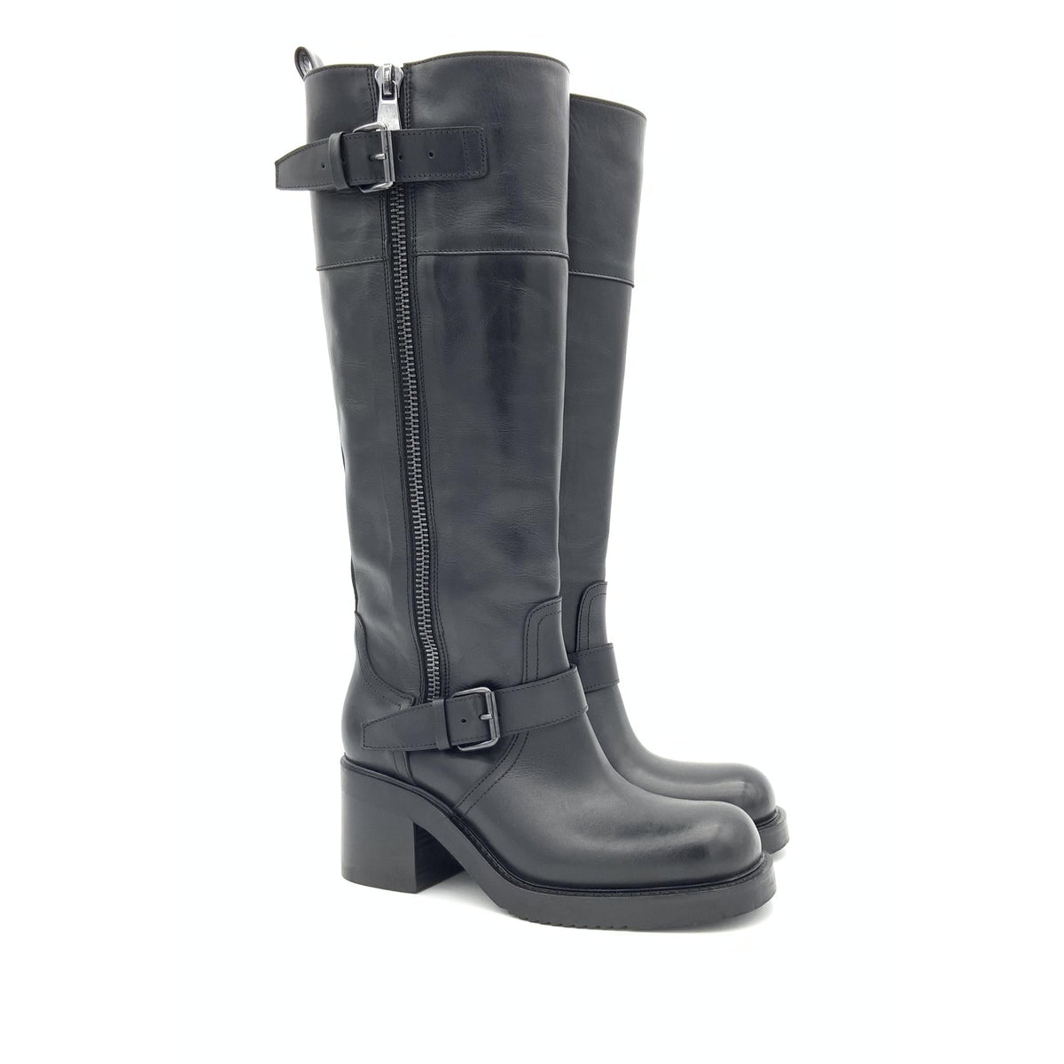 Stivale Alto in Pelle Nera con Fibbie e Zip – Pointure