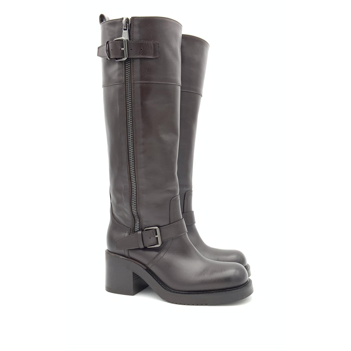 Stivale Alto in Pelle Marrone Scuro con Fibbie e Zip – Pointure