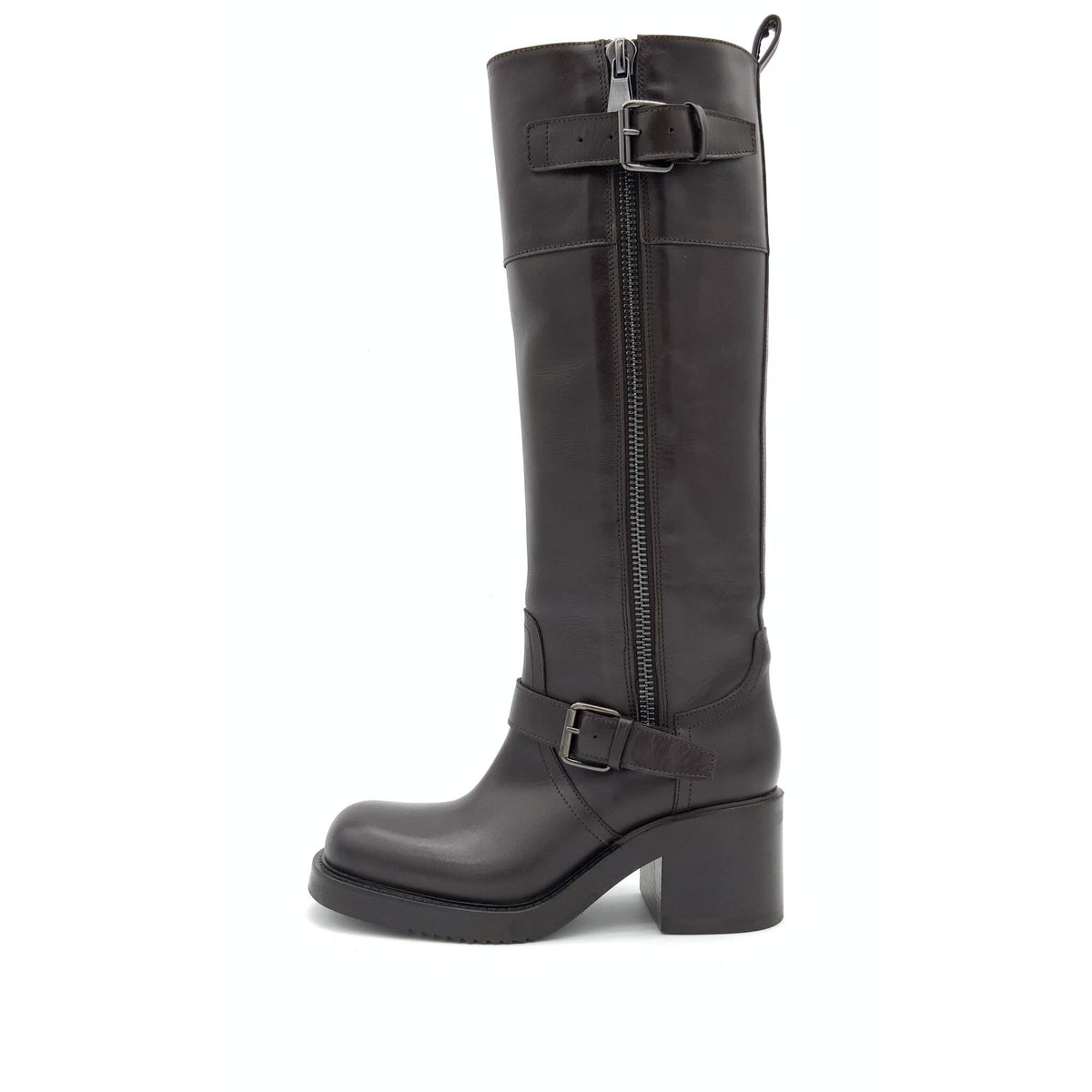 Stivale Alto in Pelle Marrone Scuro con Fibbie e Zip – Pointure