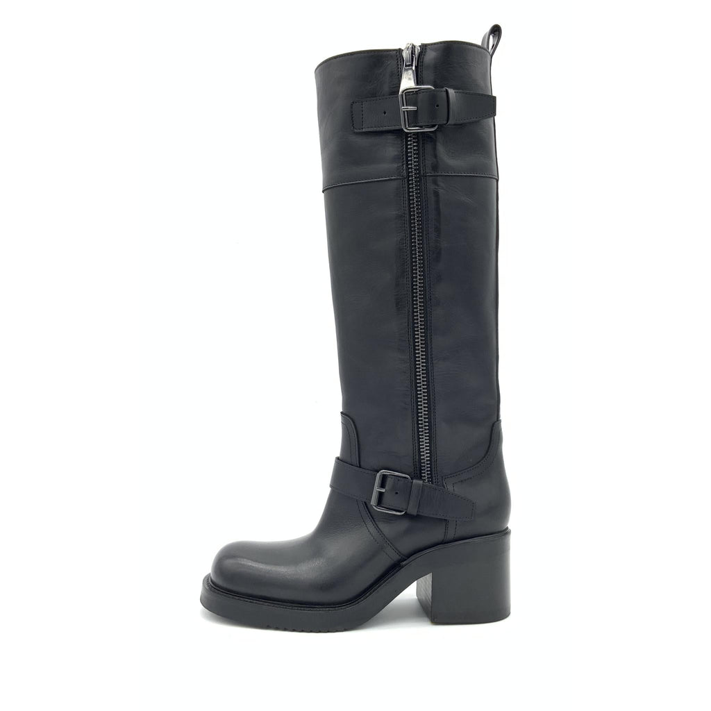 Stivale Alto in Pelle Nera con Fibbie e Zip – Pointure